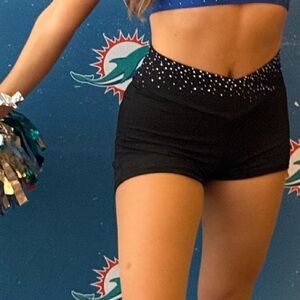 Black High-Waist Stretch Performance Shorts with Rhinestone Waistband